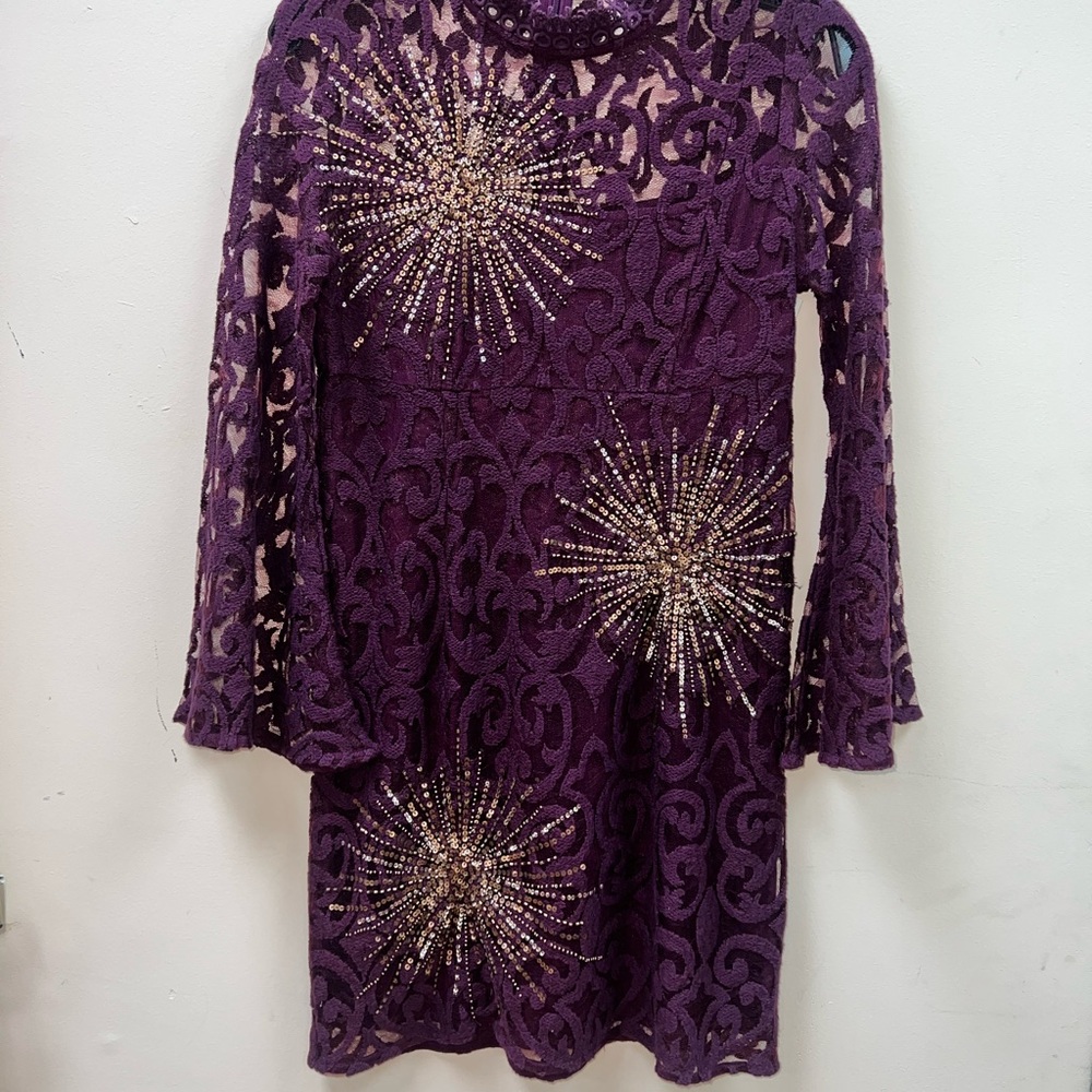 Free People Mini‎ Dress Womens S Purple Lace Beaded Sunburst Bell Sleeve Boho